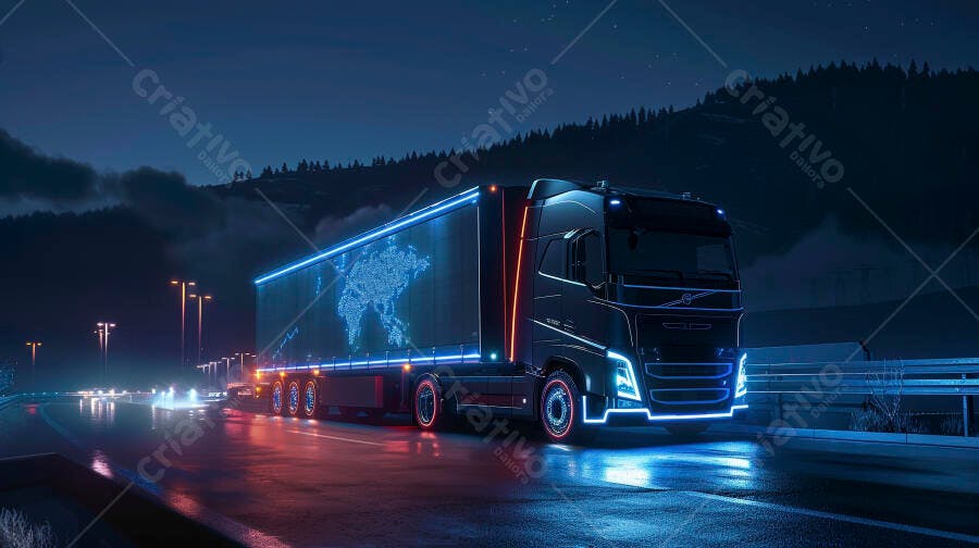 Foto Caminhão Moderno Rodovia Noturna Iluminação Neon