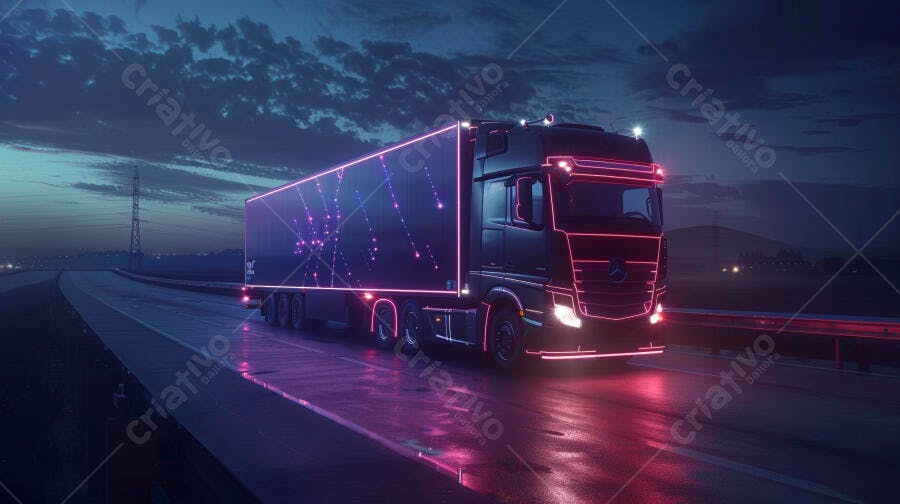 Foto Caminhão Iluminado Neon Estrada Noturna Tecnologia Logística