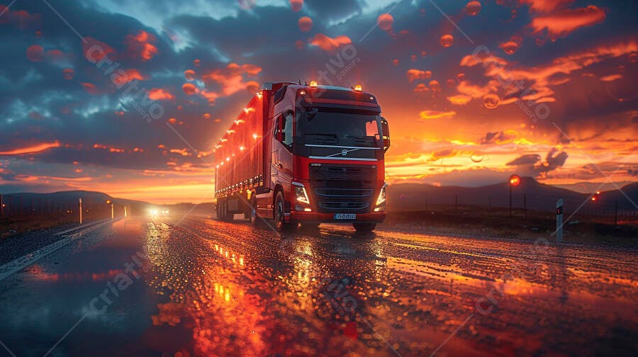 Foto Caminhão Vermelho Rodovia Pôr do Sol Chuvoso Reflexos