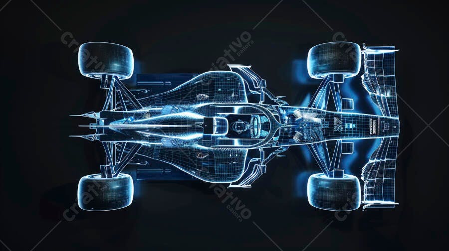 Carro de Fórmula 1 Wireframe Azul Neon Vista Superior