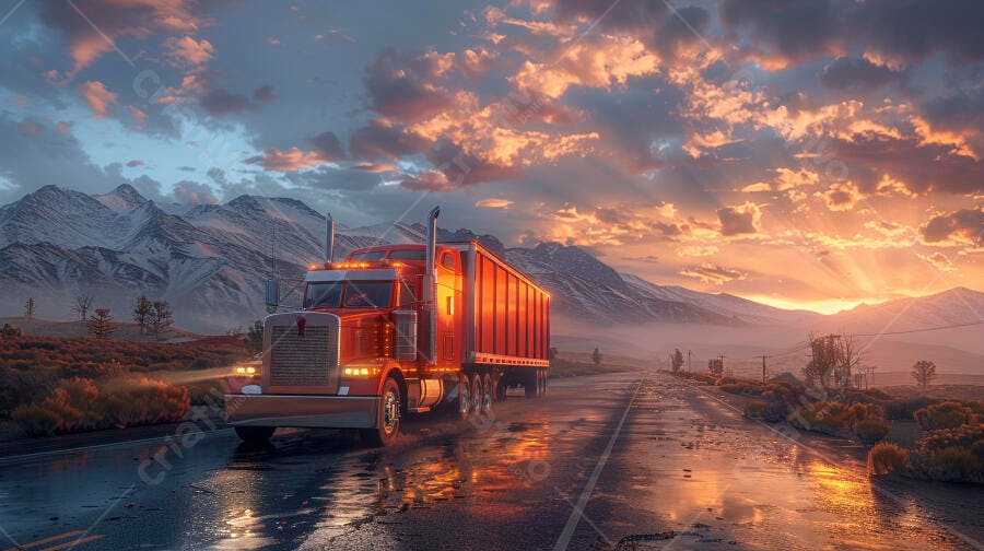 Foto Caminhão Laranja na Estrada Montanhas Pôr do Sol