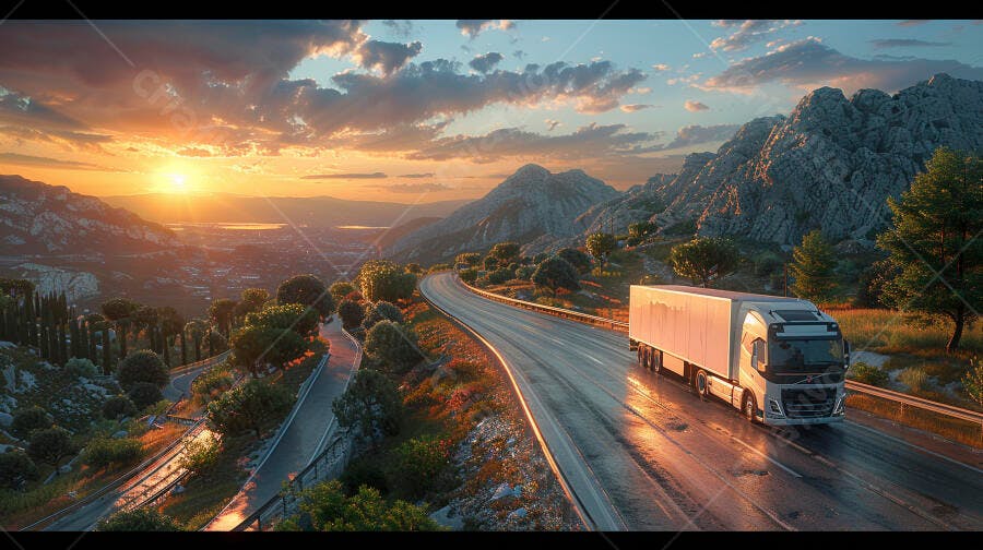 Foto Caminhão Branco Estrada Montanha Pôr do Sol Logística