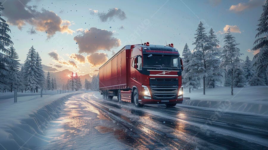 Foto Caminhão Vermelho Rodovia Nevada Inverno Entardecer