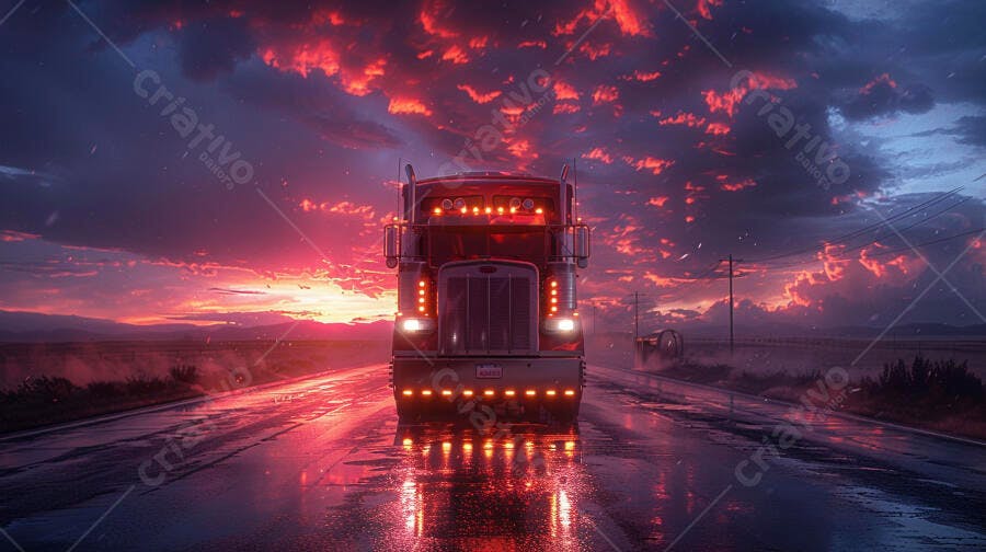 Foto Caminhão na Estrada ao Pôr do Sol Céu Dramático