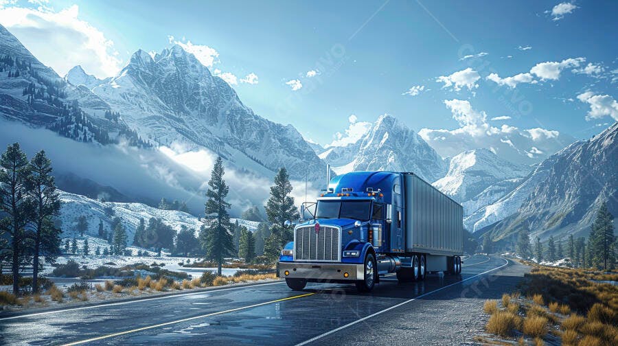 Foto Caminhão Azul Rodovia Montanhas Nevadas Transporte