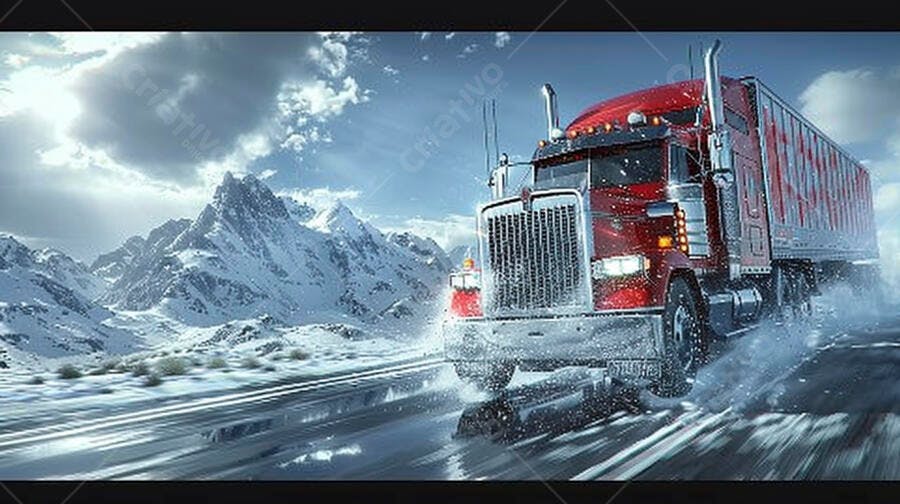 Caminhão vermelho em estrada de montanha nevada e gelada com velocidade