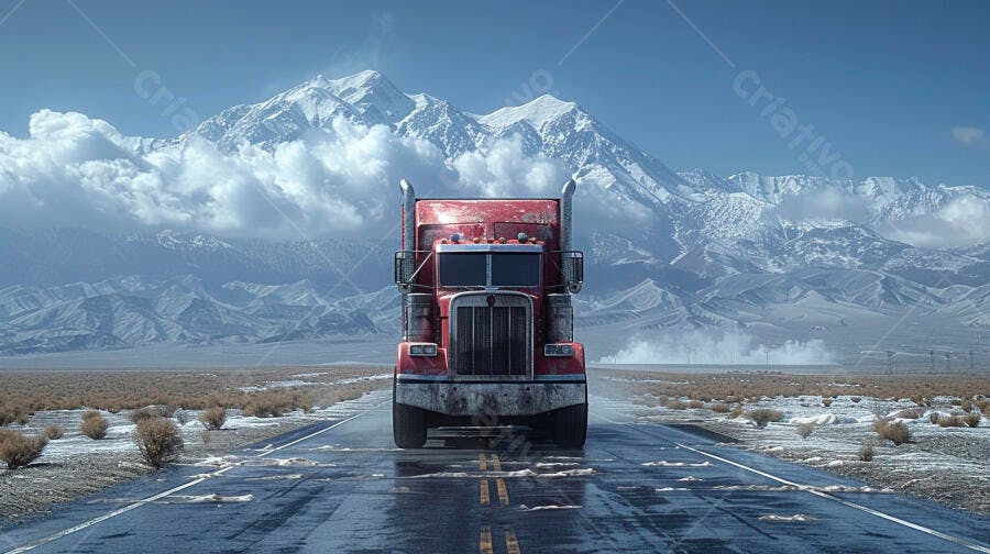 Foto Caminhão Vermelho Estrada Deserta Montanhas Nevadas