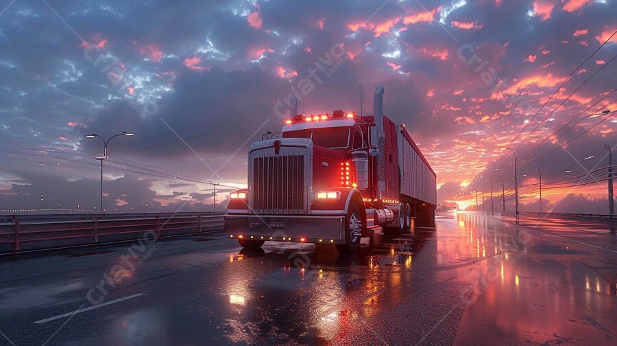 Foto Caminhão Vermelho Rodovia Pôr do Sol Chuvoso Transporte