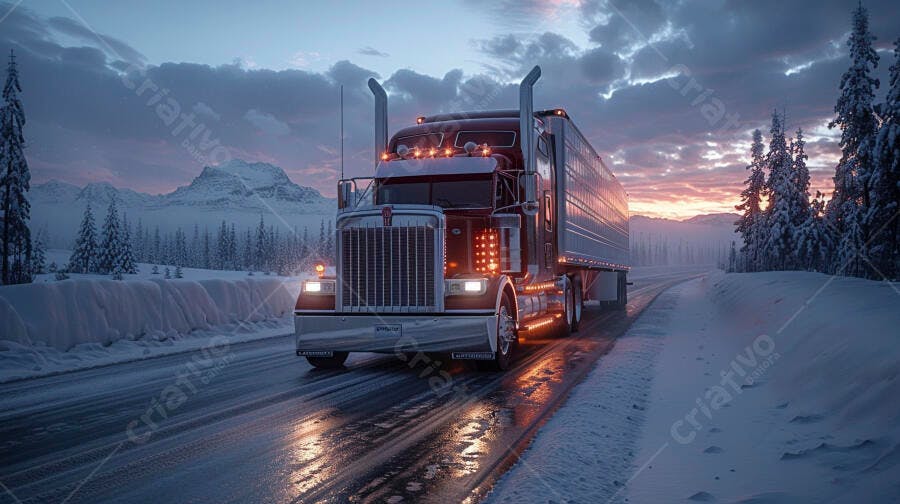 Foto Caminhão Estrada Neve Inverno Entardecer