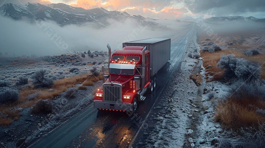 Foto Caminhão Vermelho Estrada Montanhas Nevadas Amanhecer