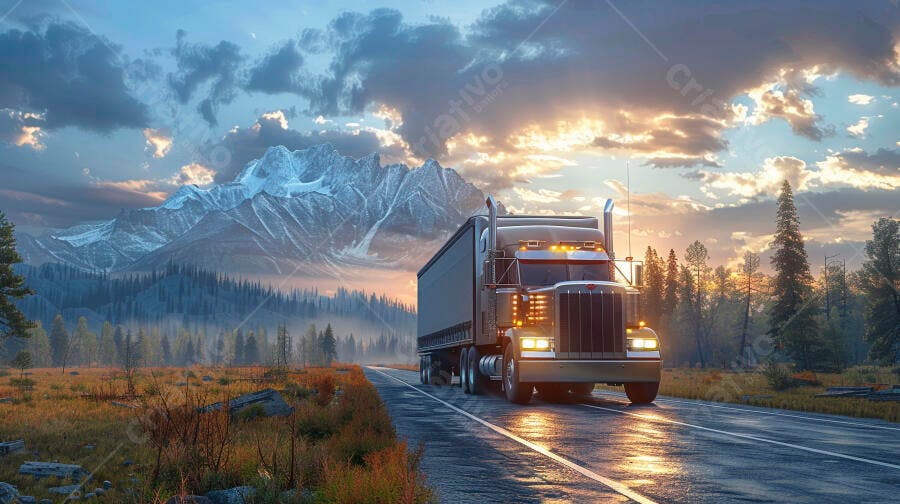 Foto Caminhão Baú Estrada Montanhas Pôr do Sol Logística