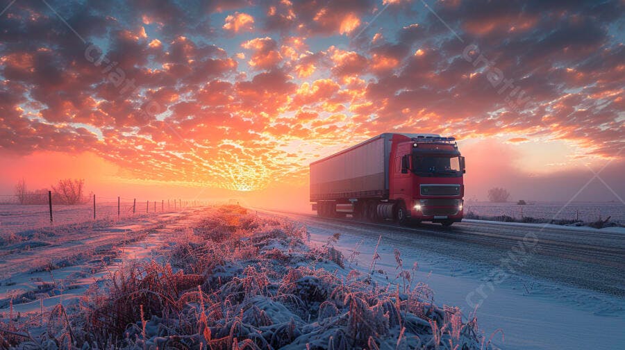 Foto Caminhão Vermelho Estrada Nevada Pôr do Sol Inverno