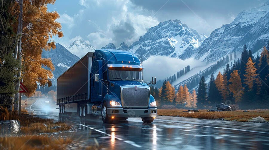 Foto Caminhão Azul Rodovia Montanhas Nevadas Transporte Carga