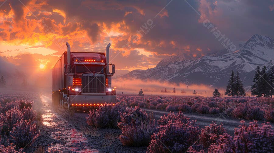 Foto Caminhão Vermelho Estrada Montanha Pôr do Sol Nevada