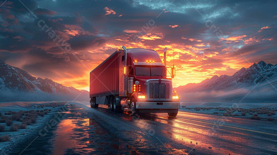 Foto Caminhão Vermelho Estrada Montanhas Pôr do Sol Dourado