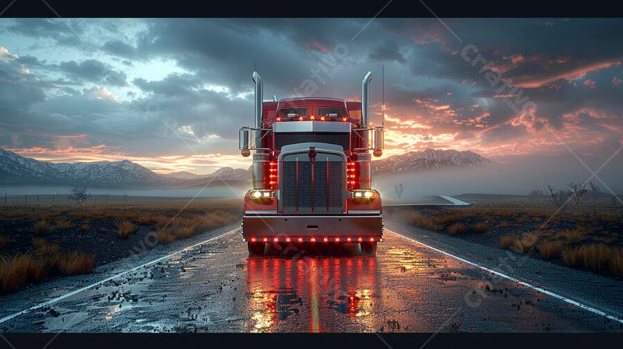 Foto Caminhão Vermelho Estrada Deserta Pôr do Sol Céu Nublado