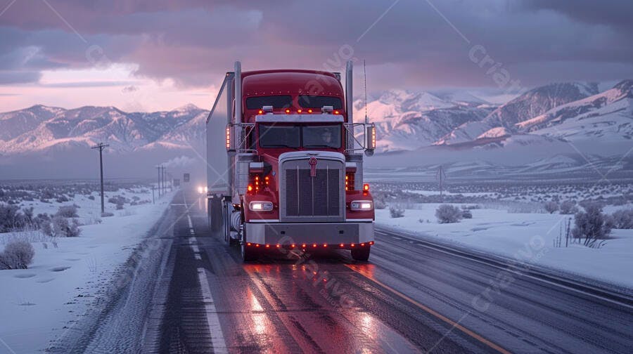 Foto Caminhão Vermelho Estrada Nevada Montanhas Inverno