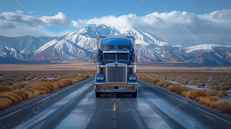 Foto Caminhão Azul Estrada Deserta Montanhas Nevadas Transporte