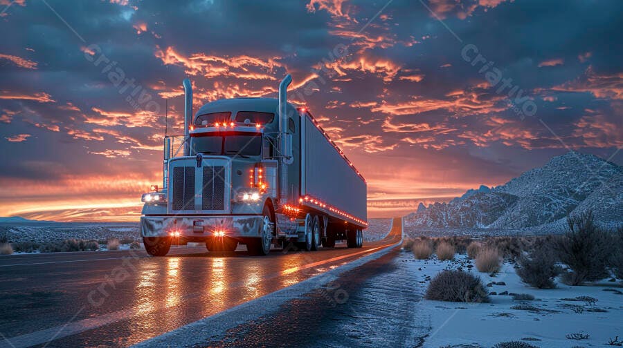 Foto Caminhão Truck Estrada Nevasca Pôr do Sol Inverno