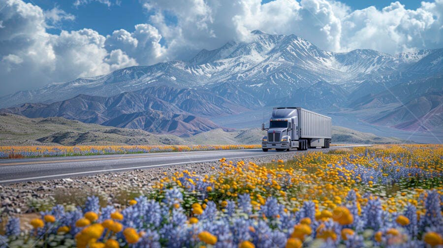 Foto Caminhão Estrada Montanhas Campo Flores Transporte Logística