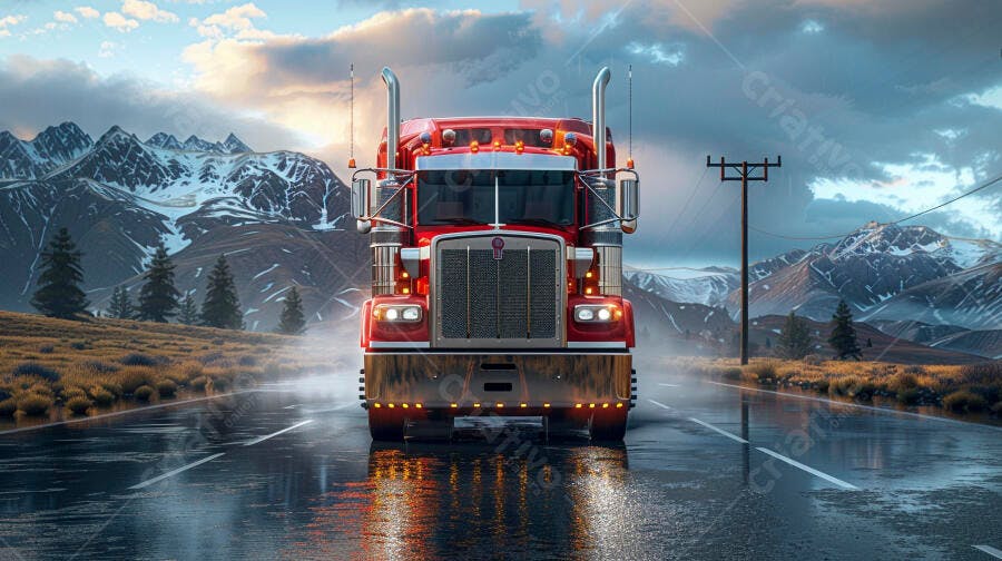 Foto Caminhão Vermelho Pesado Estrada Montanhas Nevadas