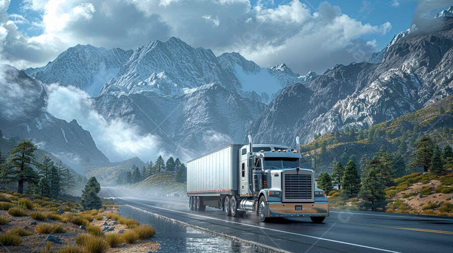 Foto Caminhão Baú Estrada Montanhas Nevadas Transporte Logística