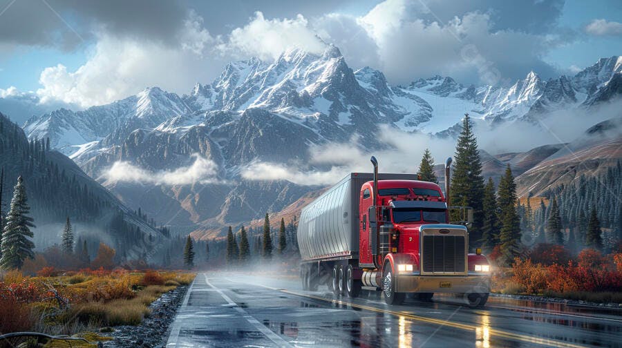 Foto Caminhão Vermelho Estrada Montanhas Nevadas Transporte Logística