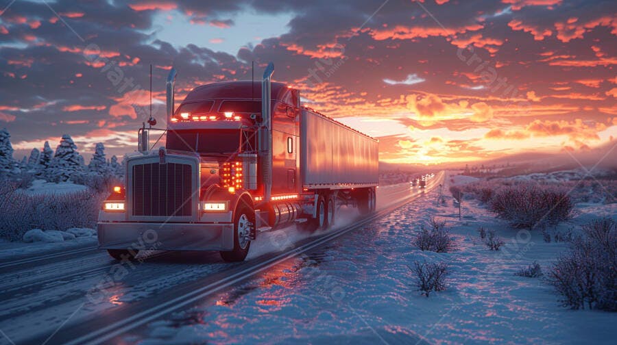 Foto Caminhão Vermelho Estrada Nevada Pôr do Sol Inverno