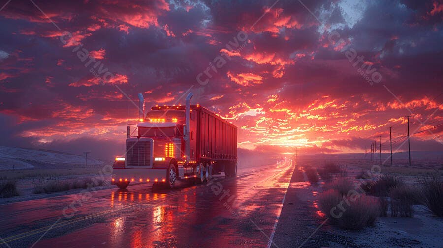 Foto Caminhão Vermelho Estrada Pôr do Sol Céu Dramático