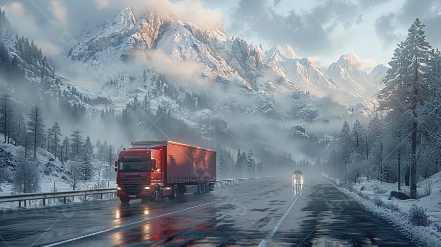 Foto Caminhão Vermelho Estrada Montanhas Nevadas Inverno