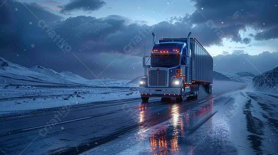 Foto Caminhão Azul Rodovia Nevada Noite Inverno Transporte