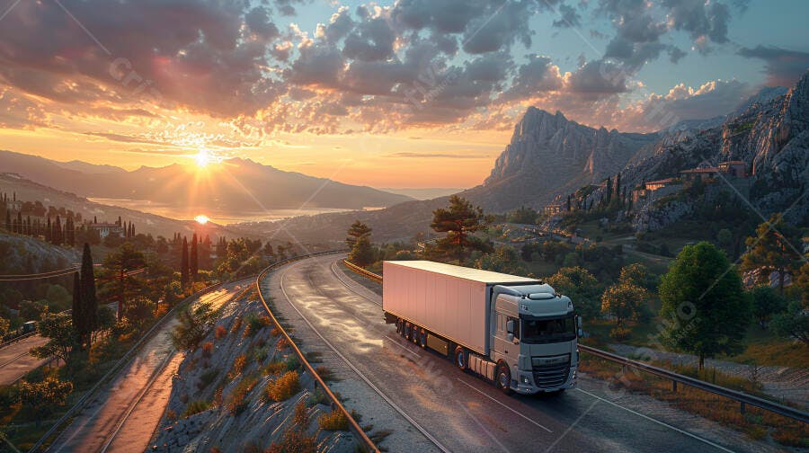 Foto Caminhão Baú Estrada Montanha Pôr do Sol Logística