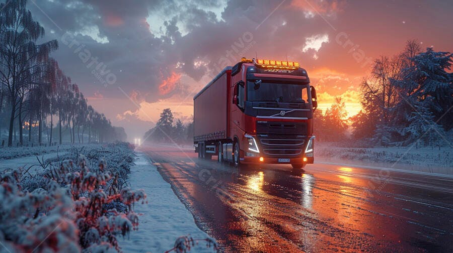 Foto Caminhão Vermelho Estrada Nevada Pôr do Sol Inverno