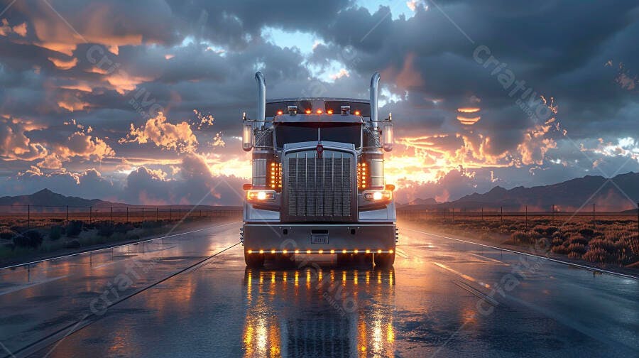 Foto Caminhão Grande Rodovia Pôr do Sol Céu Nublado