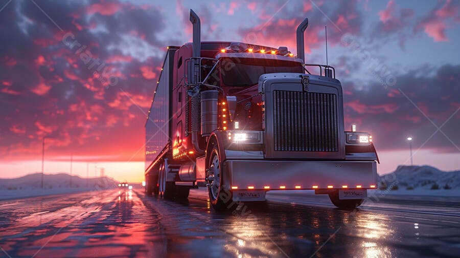 Foto Caminhão Grande Rodovia Pôr do Sol Céu Rosa