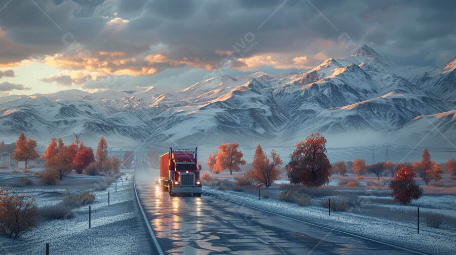 Foto Caminhão Vermelho Estrada Nevada Montanhas Inverno Pôr do Sol
