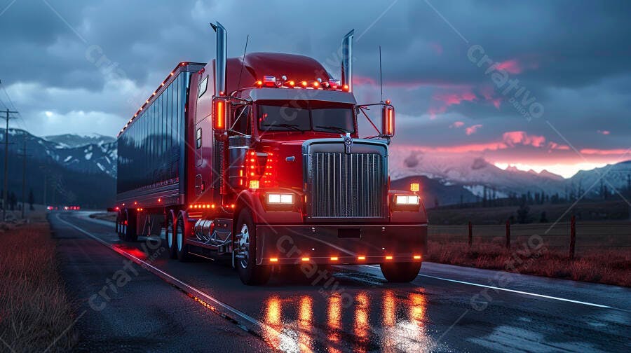 Foto Caminhão Vermelho Estrada ao Pôr do Sol Transporte Noturno