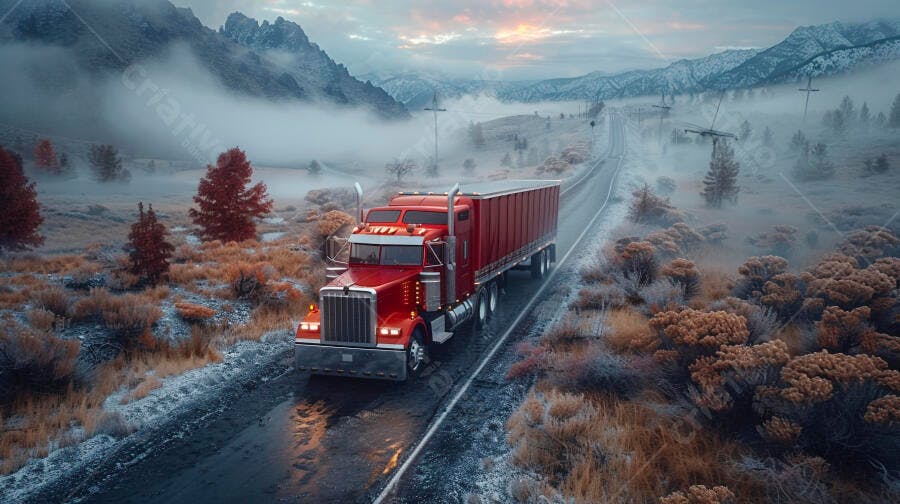 Foto Caminhão Vermelho Estrada Montanhosa Neblina Inverno