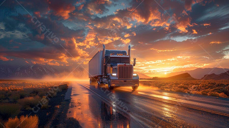 Foto Caminhão Baú Estrada Vazão Pôr do Sol Dourado