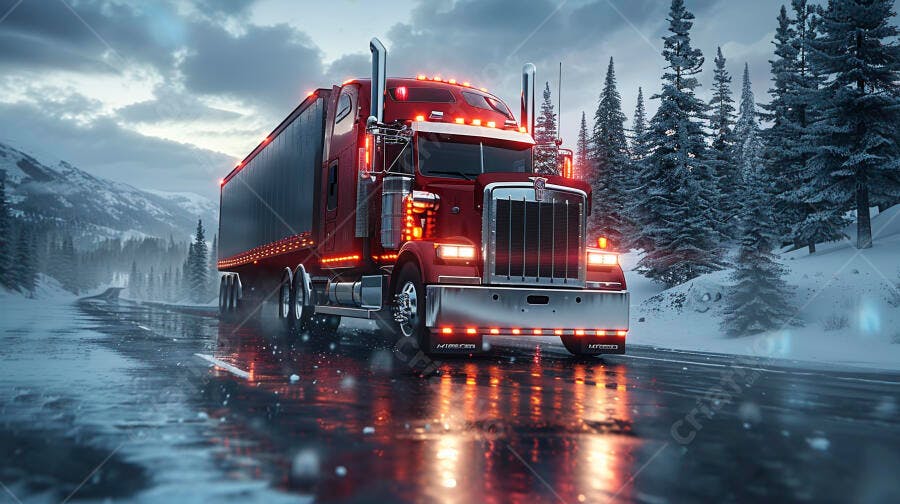 Foto Caminhão Vermelho Rodovia Nevada Inverno Transporte Logística