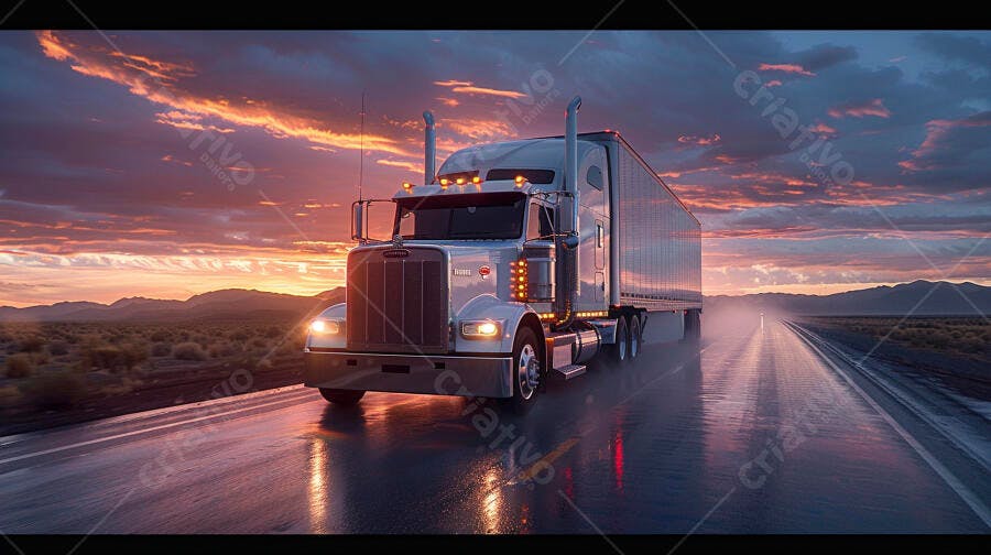Foto Caminhão Branco Estrada Pôr do Sol Transporte Logística