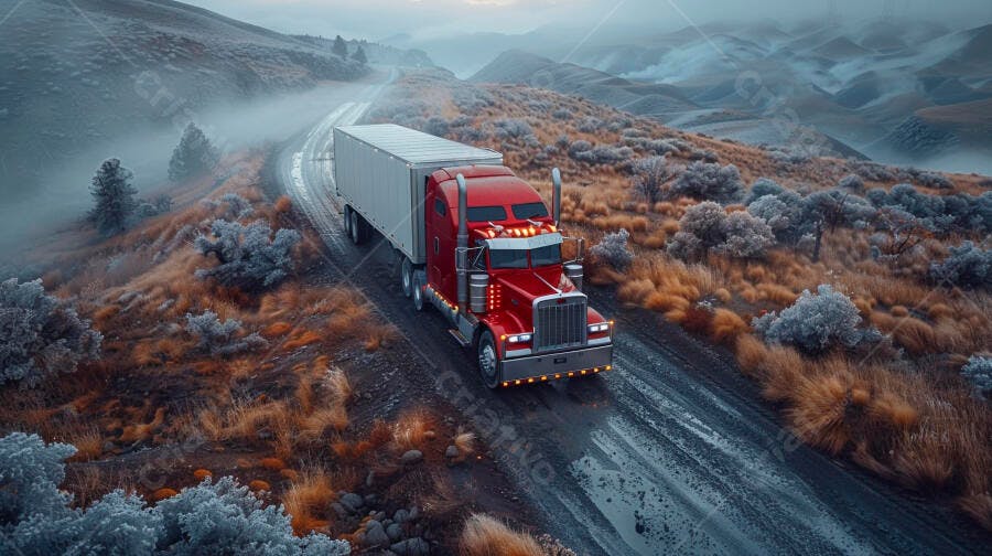 Foto Caminhão Vermelho Estrada Montanha Neblina Transporte