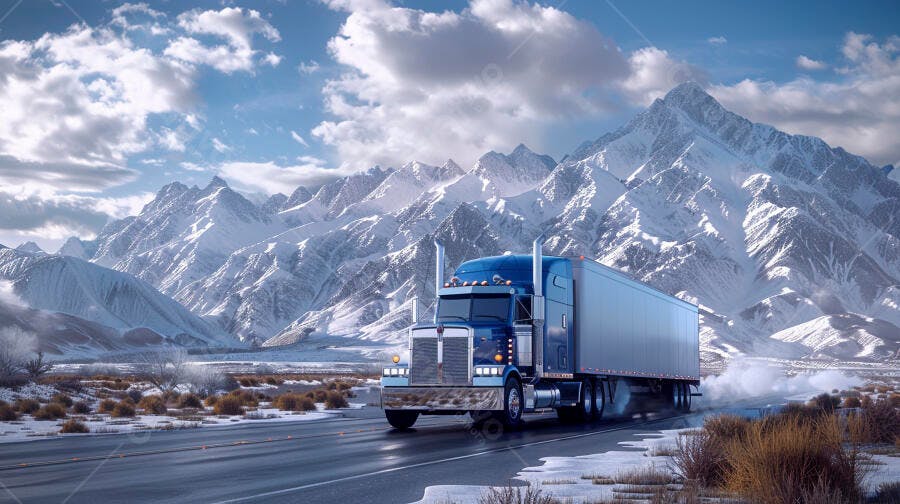 Foto Caminhão Azul Rodovia Montanhas Nevadas Transporte Inverno