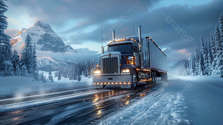 Foto Caminhão Carreta Pesada Rodovia Nevada Montanhas Inverno