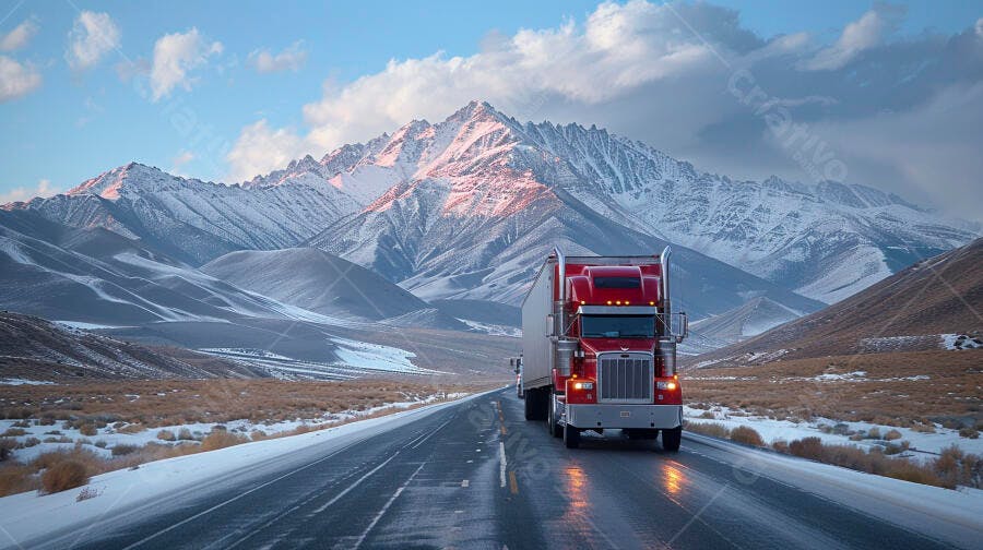 Foto Caminhão Vermelho Estrada Nevada Montanhas Cobertas Neve