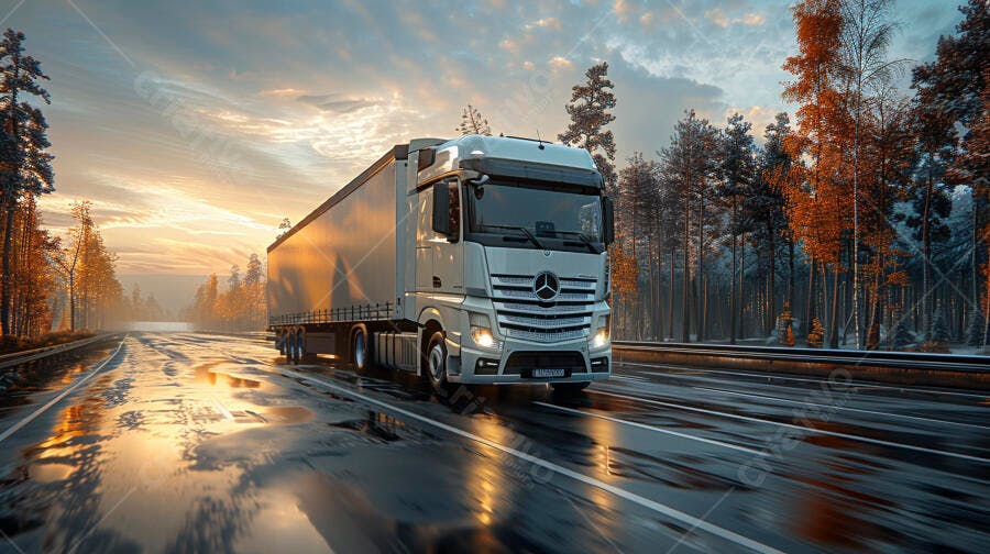Foto Caminhão Mercedes-Benz Estrada Molhada Pôr do Sol Logística