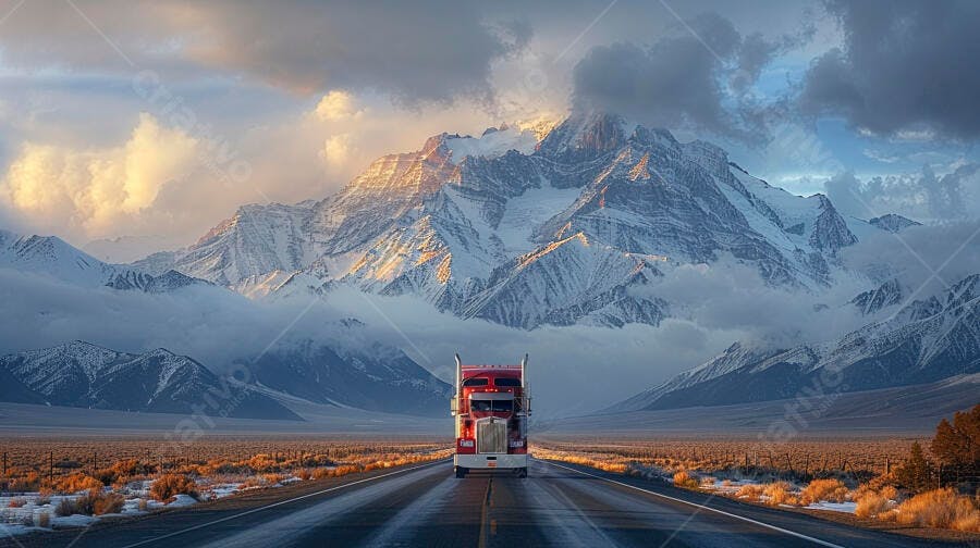 Foto Caminhão Vermelho Estrada Montanhas Nevadas Céu Nublado