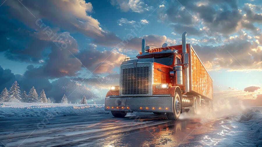 Foto Caminhão Laranja Neve Estrada Inverno Pôr do Sol