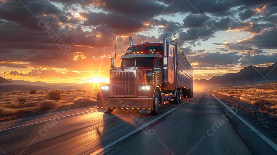 Foto Caminhão Vermelho Estrada Pôr do Sol Transporte Logística