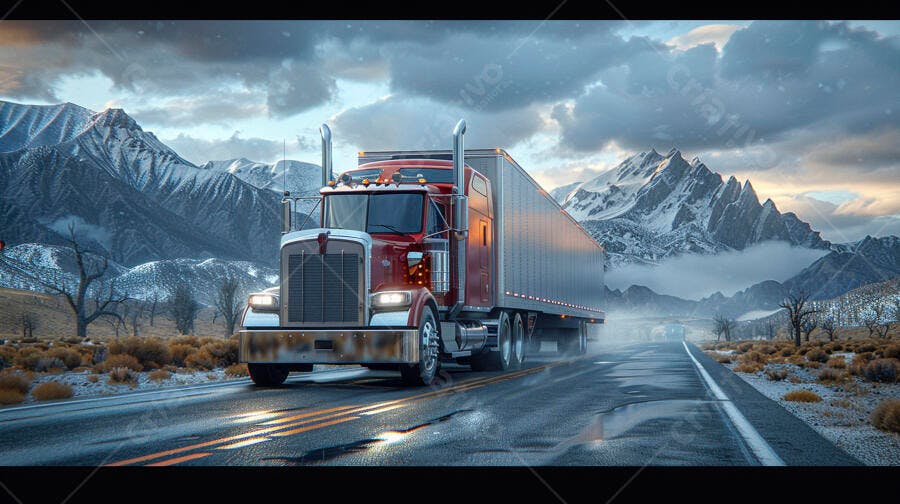Foto Caminhão Vermelho Estrada Montanhas Nevadas Transporte Carga